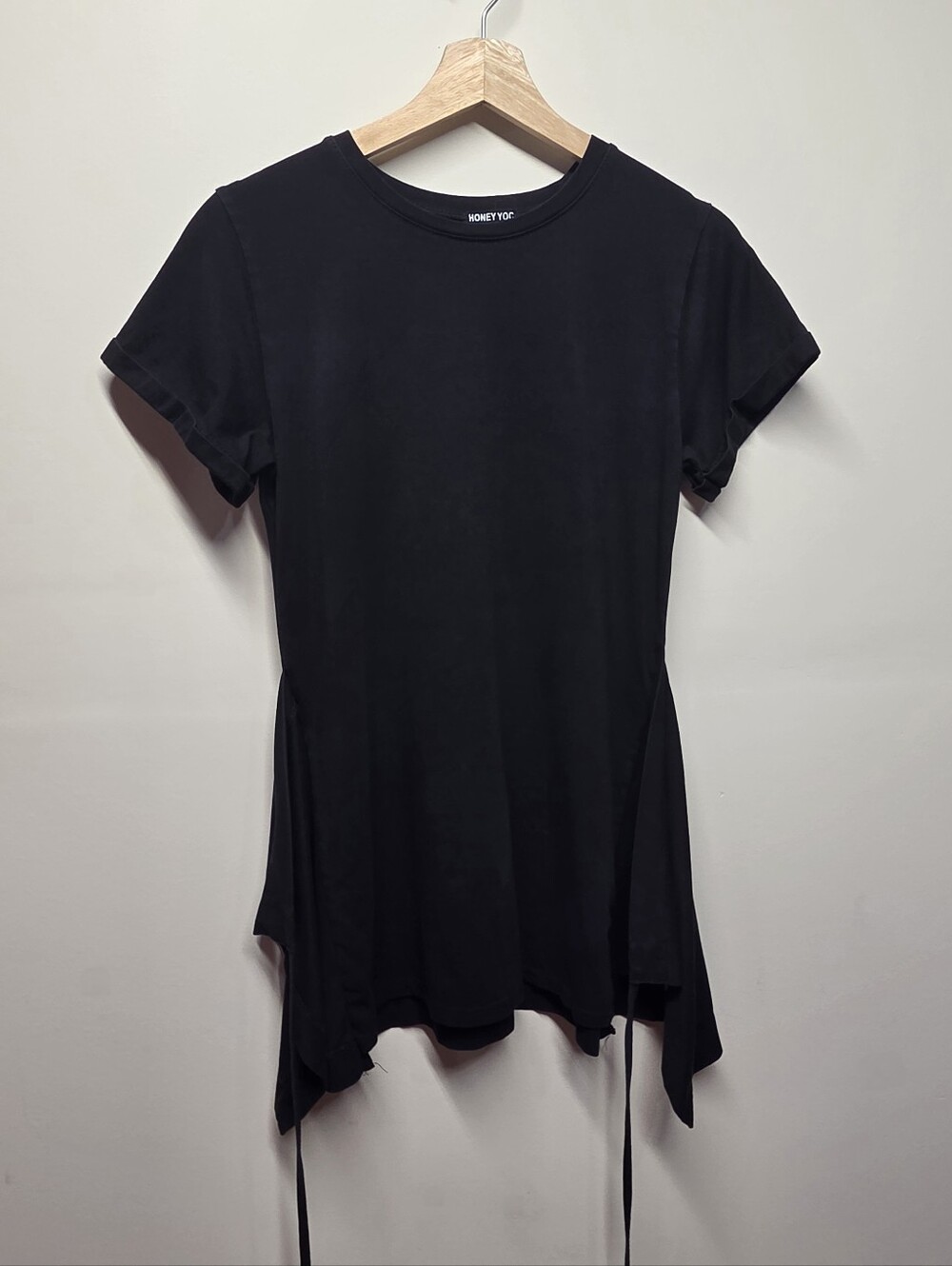 T-Shirt Mini Dress Tunic W/ Waist Side Ties HONEY YOC Sz Sm 95% Cotton